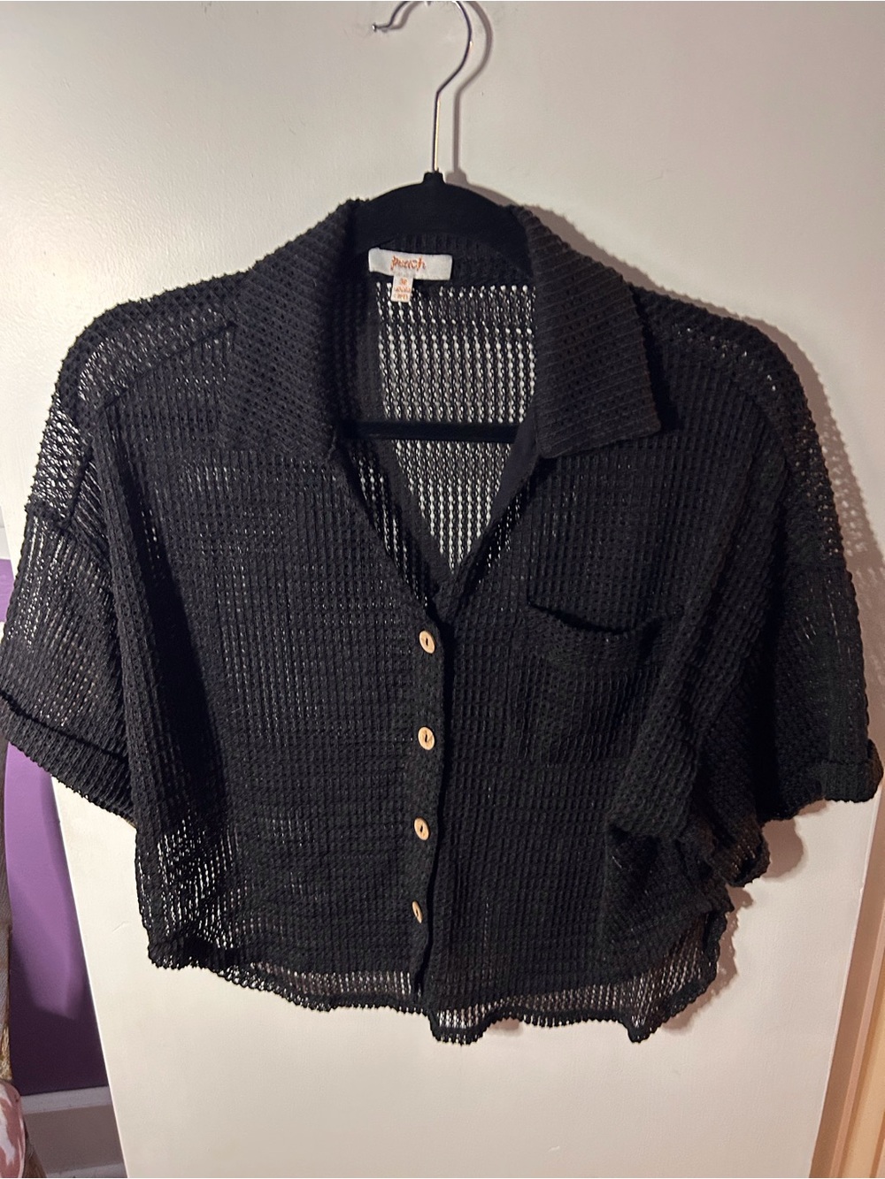 Black Mesh Button-Front Short Sleeve Top